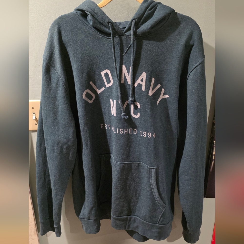 Old Navy Men's Green Hoodie with Cream Logo